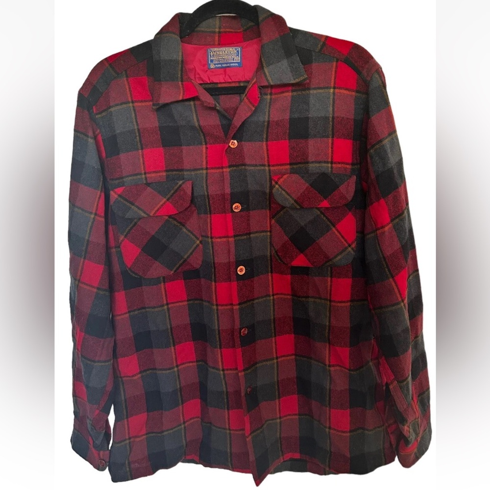 Pendleton Board Shirt Virgin Wool 1960s Red Black Plaid Check Button Down M